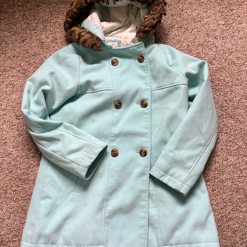 Cat & Jack Mint Blue Double-Breasted Hooded Pea Coat with Faux-Fur Trim XL 14-16